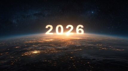 Wall Mural - Earth view at night with glowing numbers 2026 above landscape  