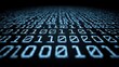 © sarlina - A perspective shot of randomly ordered blue binary code, composed of 0 and 1 digits, receding into the distance against a dark background