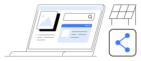 Laptop screen with search bar, image, website design components, solar panel, and network icon. Ideal for sustainability, online tools, networking, technology eco-consciousness innovation simple