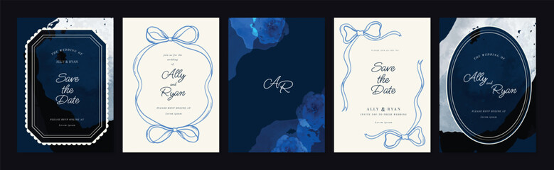 Wall Mural - Wedding invitation card design vector set. Navy blue and white wedding card with ribbon,  frame and watercolor decorative texture. Design illustration for cover, poster, gala.