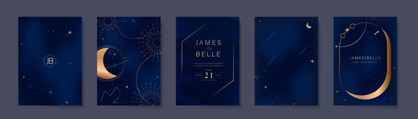 Wall Mural - Wedding invitation card design vector set. Navy blue wedding card with little star, galaxy, moon, meteor, zodiac cosmic, frame and watercolor decorative. Design illustration for cover, poster, gala.