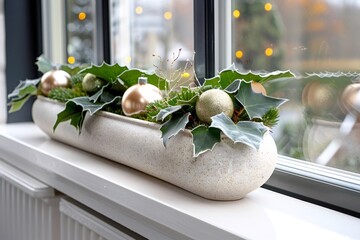 Wall Mural - christmas centerpiece with holly leaves, baubles and pine branches decorating window sill
