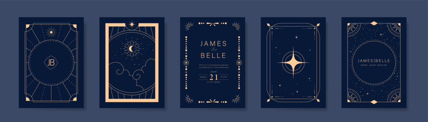 Wall Mural - Wedding invitation card design vector set. Navy blue wedding card with little star,galaxy, magic cosmic, frame and moon decorative texture. Design illustration for cover, poster, gala.