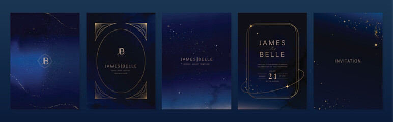 Wall Mural - Wedding invitation card design vector set. Navy blue wedding card with little star, galaxy, moon ,cosmic, frame and watercolor decorative texture. Design illustration for cover, poster, gala.