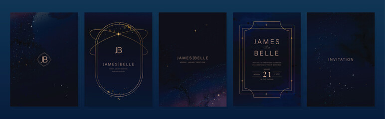 Wall Mural - Wedding invitation card design vector set. Navy blue wedding card with little star, galaxy, moon ,cosmic, frame and watercolor decorative texture. Design illustration for cover, poster, gala.