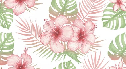  Watercolor Tropical Floral Pattern with Hibiscus and Leaves.