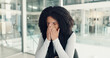 © peopleimages.com - Headache, black woman or stress in office with deadline, frustrated or tired from work. Anxiety, business person or burnout in company with eye strain, overworked or pressure for economic uncertainty