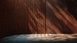 © LuDo - A modern, empty wooden room with vertical wall slats and a polished floor is filled with sunlight, and features minimalist home decor that includes slats