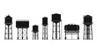 © Paul Studio - A collection of various stylized black silhouettes of water towers, standing tall.