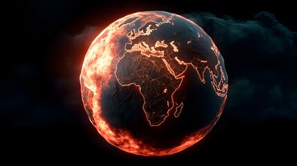 Wall Mural - An illustration shows planet Earth with bright orange regions and network lines highlighting continents, set against a dark background with faint clouds.