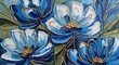 © Raden - Vibrant blue and white flowers with golden accents, displayed in a textured, painterly style.