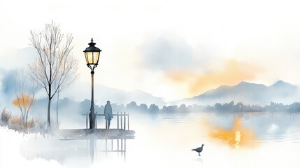  An Inspiring Watercolor Painting of a Serene Lake and Majestic Bird Capturing Minimalist Office Aesthetic