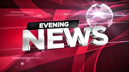 Evening News graphic with a globe and red background.