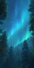 Wall Mural - Forest with a lot of trees and a bright green aurora 