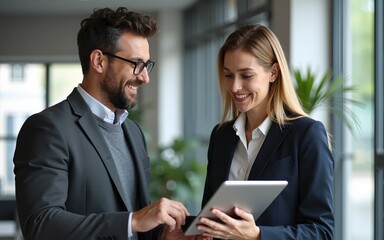 Team leader explain trainee working process using tablet pc computer. Two professional business people working together. Partners mature man, woman discussing project in office workplace. Copy space