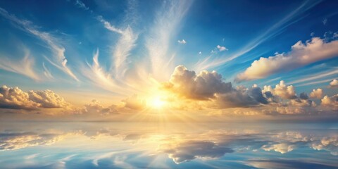 Wall Mural - serene sunset sky mirrored on tranquil waters, a breathtaking panorama of clouds and golden hues
