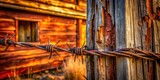 Rustic wooden post weathered by time, adorned with rusty barbed wire, stands against a backdrop of an aged wooden structure bathed in warm sunset hues.