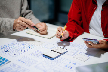 Wall Mural - UX graphic designer planning application process development prototype wireframe for web smart phone. Creative digital development agency.