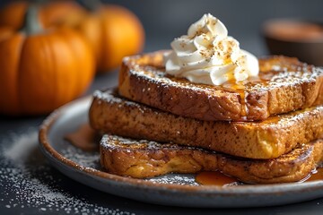 Wall Mural - plate of pumpkin spice french toast topped with whipped cream and maple syrup