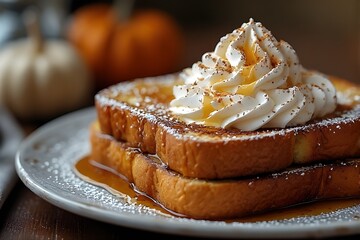 Wall Mural - plate of pumpkin spice french toast topped with whipped cream and maple syrup