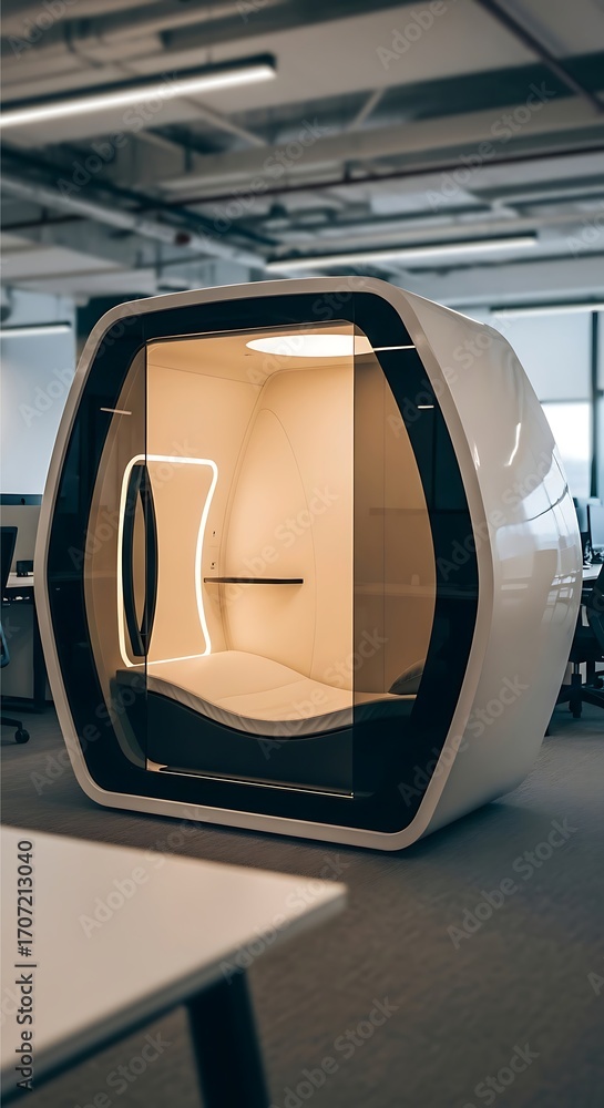 A modern, soundproof office pod with a sleek design providing a private ...