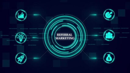 Referral Marketing displayed with icons concept. Business, modern technology, networking concept. a futuristic holographic advanced HUD circle platform Business, Technology