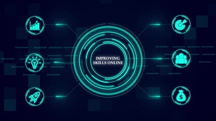 Improving Skills Online, futuristic holographic advanced HUD circle platform Business, Technology concept. Business, technology, internet and network concept. Digital technology background.