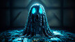 © AI-deas - Glowing blue circuit ghost emerges in the dark on Halloween, illuminating technology and mystery