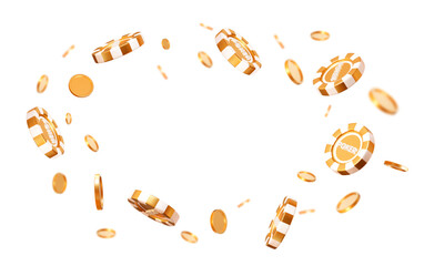 Wall Mural - 3d flying golden casino poker chips and coins with different angles. gold and white chips for bettin