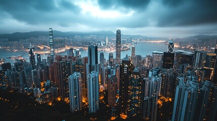 Hong Kong skyline at dawn, city lights glittering on a harbor framed by towering buildings