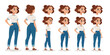 © TosherAsh - Young woman character constructor in modern casual outfit with jeans and t-shirt. Animation set with hairstyles, emotions, gestures, and different body postures. Vector illustration for explainer vide