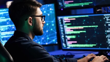 Focused male programmer typing code on multiple computer monitors in a dark, high-tech office, symbolizing software development and cybersecurity.