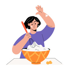 Canvas Print - A flat style illustration showing a person mixing batter 
