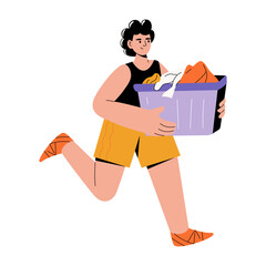 Canvas Print - A flat style illustration showing a person holding laundry basket 
