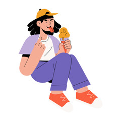 Canvas Print - A flat style illustration showing a person eating ice cream 