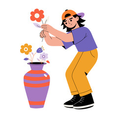 Canvas Print - A flat style illustration showing a person arranging flower 
