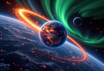 solar wind hitting magnetosphere, particles deflected, ionosphere illuminated with glowing auroras, 