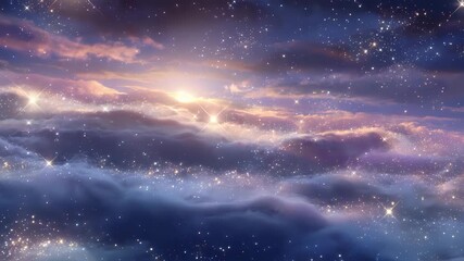 Shining cosmic scene with layered stardust clouds, twinkling stars in white and yellow, softly blending into rich space colors