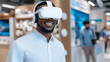 © Mcgui - Man wearing virtual reality headset smiling in a modern retail environment