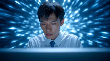 Concentration and Innovation: A focused individual, immersed in the realm of innovation, is intently studying a computer screen with a dynamically modern background