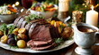 © Moiseieva  - Christmas table with roast beef, roasted vegetables, gravy boat, festive candles