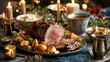 © Moiseieva  - Christmas table with roast beef, roasted vegetables, gravy boat, festive candles