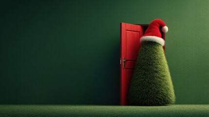 Wall Mural - A decorated Christmas tree topped with a red and white Santa hat, set against a simple background, perfect for holiday and festive designs.