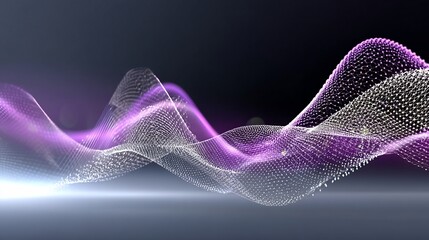 Flowing, undulating purple and white particle waves on a dark gray background