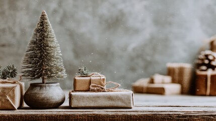 Wall Mural - Three small potted Christmas trees arranged on a wooden table with natural lighting, perfect for holiday decor or festive seasonal designs.