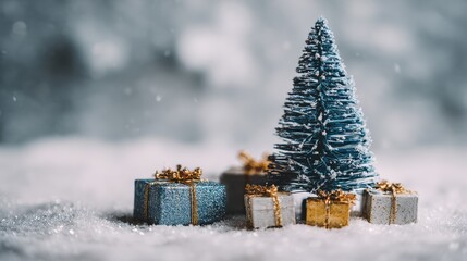 Wall Mural - Two wrapped Christmas presents beside a small decorated evergreen tree on a white background, perfect for holiday-themed designs and festive promotions.