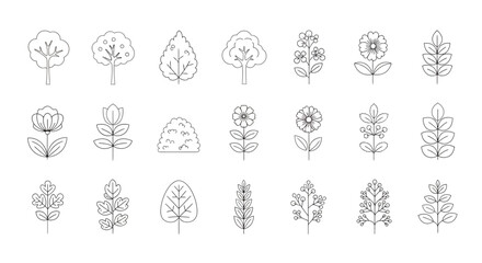 Charming collection of stylized trees, flowers, and foliage elements for natural designs
