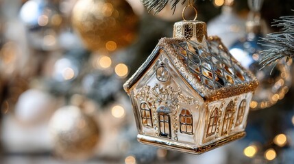 Wall Mural - Small wooden house ornament hanging on a green Christmas tree branch with blurred warm lights in the background, festive holiday decoration in cozy indoor setting.