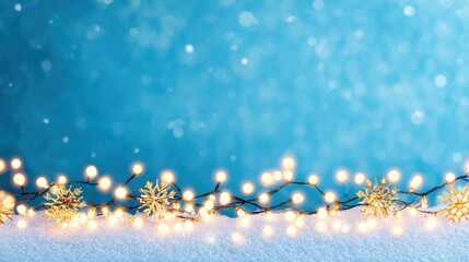 Poster - close-up of snow-covered surface illuminated by warm, glowing string lights creating a festive, cozy