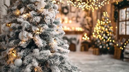 Wall Mural - A decorated Christmas tree with glowing white lights stands in a cozy indoor room, highlighting festive holiday decor and warm seasonal ambiance.